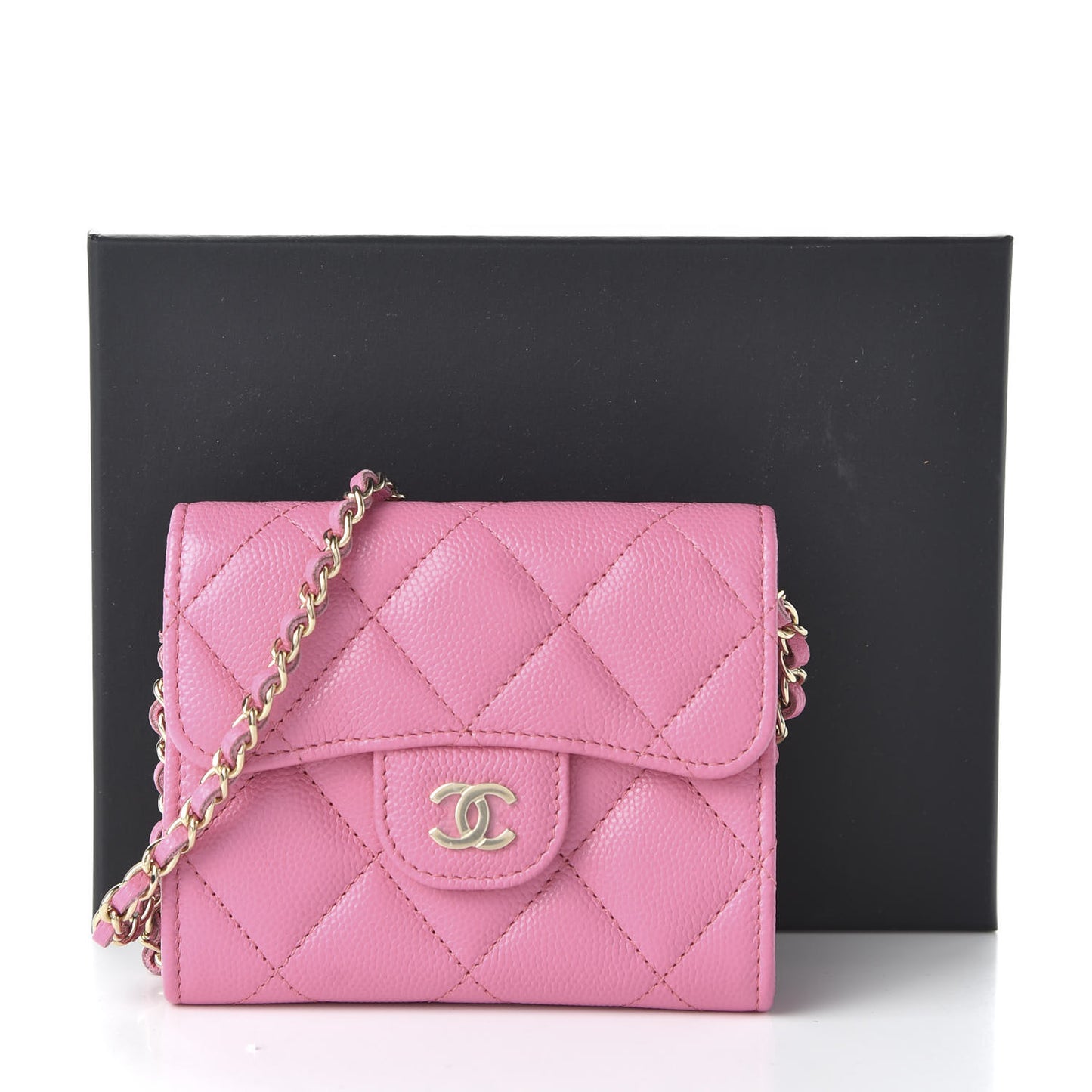 Caviar Quilted Flap Card Holder On Chain Pink
