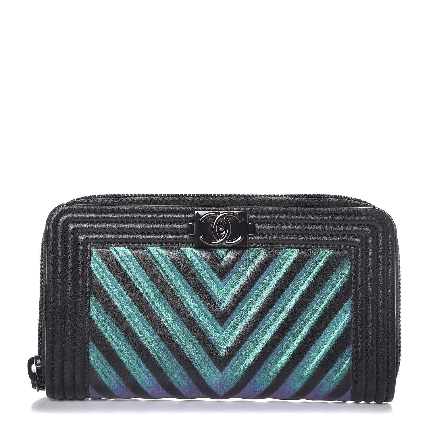 Chanel Calfskin Painted Chevron Embossed Small Boy Zip Wallet Black 1 of 9