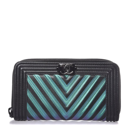 Chanel Calfskin Painted Chevron Embossed Small Boy Zip Wallet Black 1 of 9