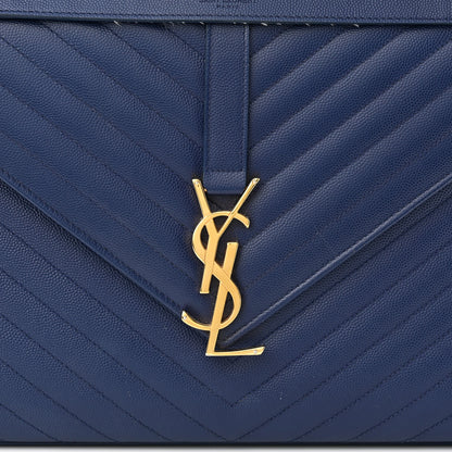 Saint Laurent Grain De Poudre Matelasse Chevron Large Monogram Satchel Navy Blue 8 of 13