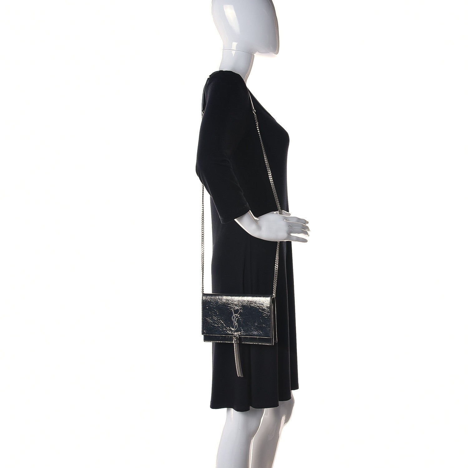 Saint Laurent Metallic Crackled Calfskin Kate Monogram Tassel Chain Wallet Argento 2 of 11