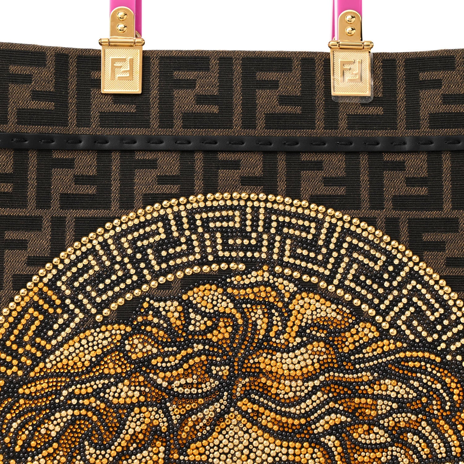 Fendi X VERSACE Fabric Jacquard Calfskin Plexiglass Fendace FF Medusa Studded Large Fendi Sunshine Shopper Tote Marrone Fuxia 8 of 12