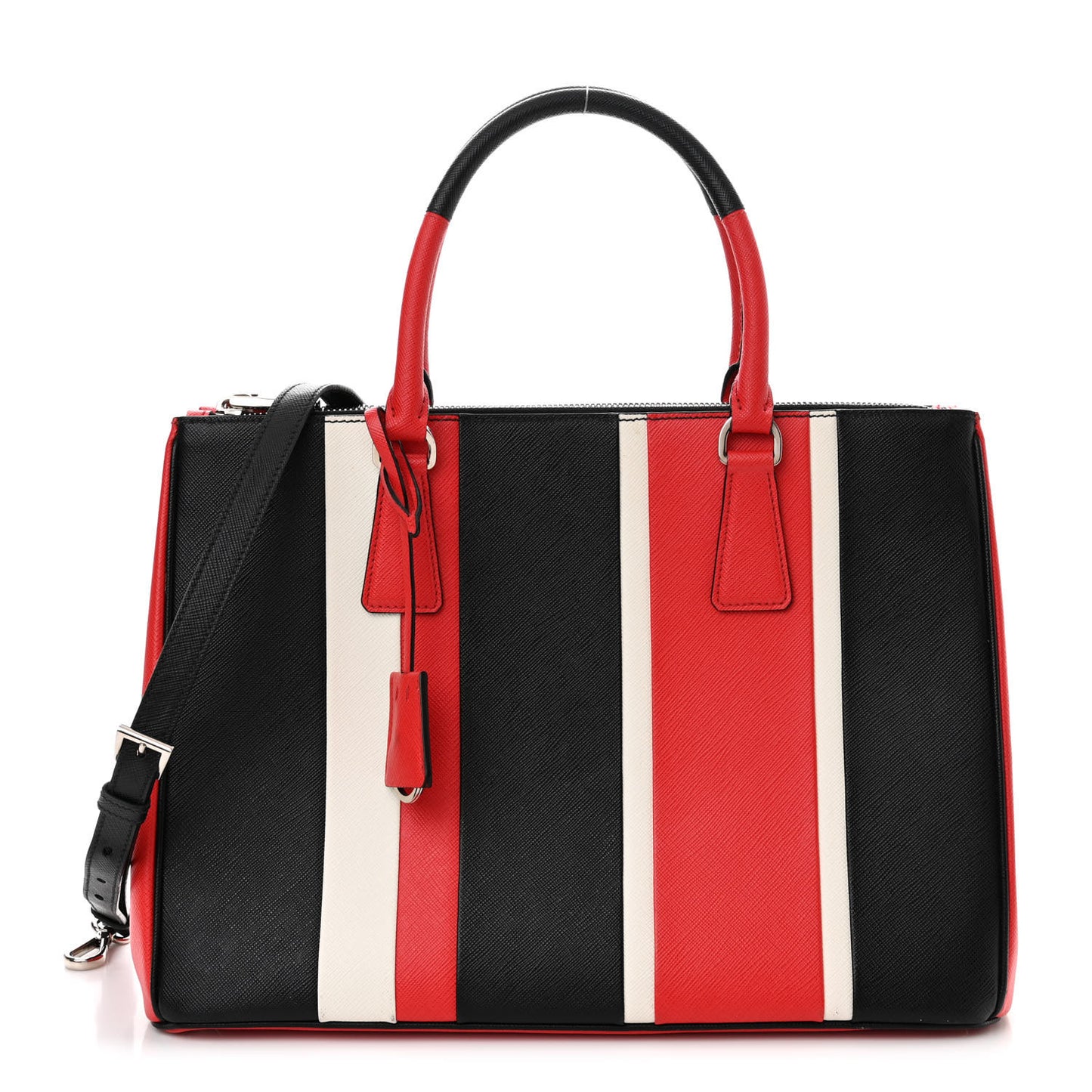 Saffiano Baiadera Striped Medium Galleria Double Zip Tote Black Fuoco White