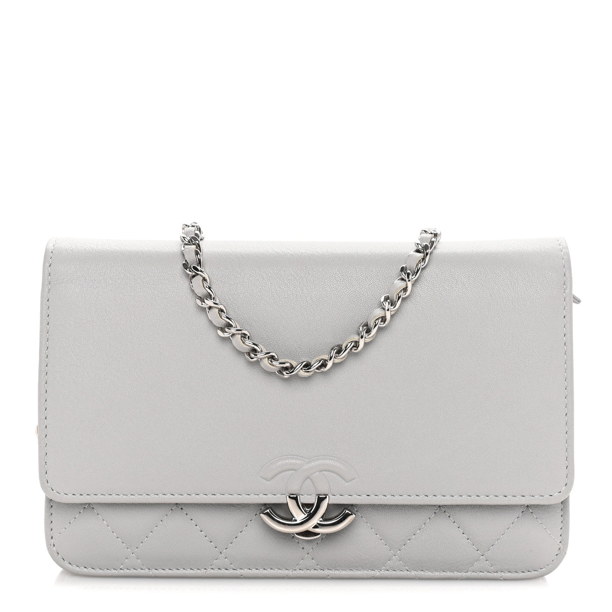 Grained Calfskin Quilted CC Box Wallet On Chain WOC Grey