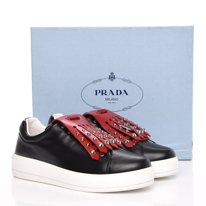 Prada Vitello Soft Studded Fringe Sneakers 37.5 Black Rosso 14 of 14