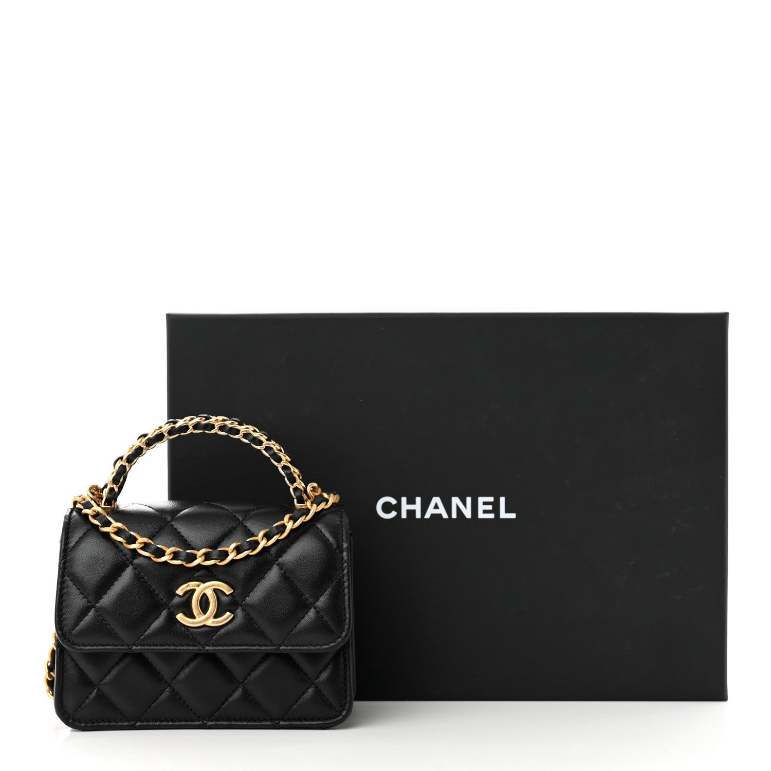 Chanel Lambskin Quilted Chain Top Handle Clutch With Chain Black 14 of 14