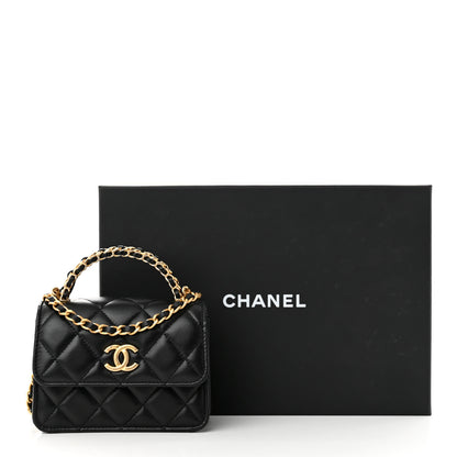 Chanel Lambskin Quilted Chain Top Handle Clutch With Chain Black 14 of 14