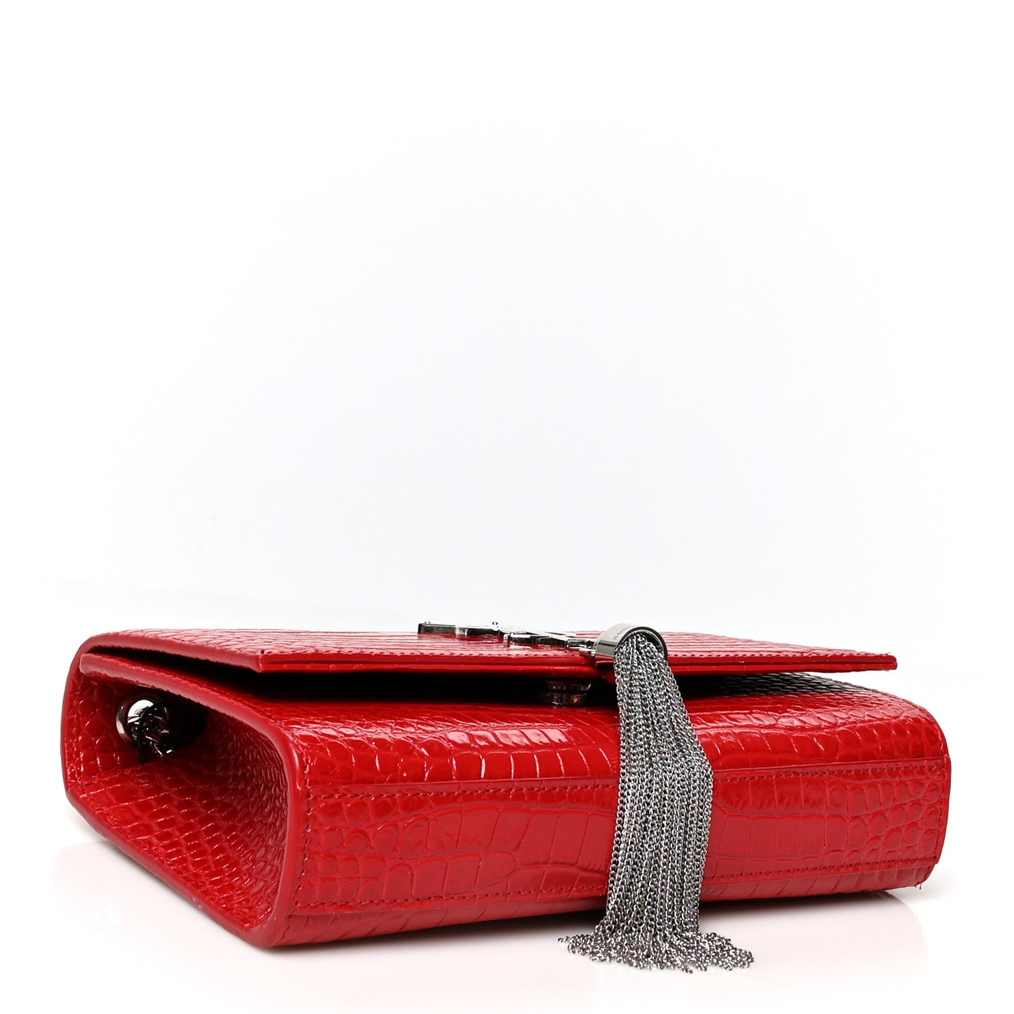 Calfskin Crocodile Embossed Medium Classic Monogram Kate Tassel Satchel Red