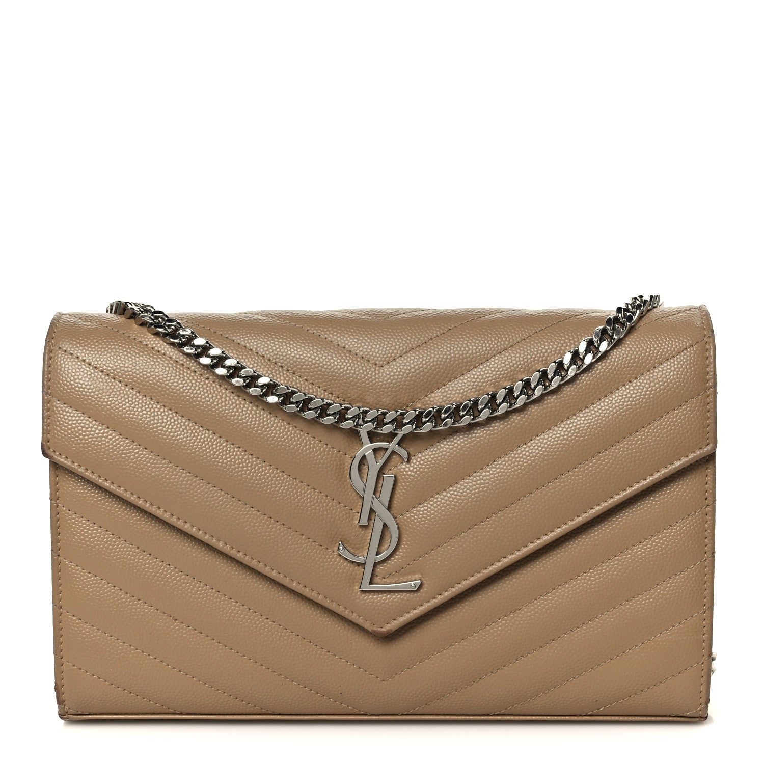 Saint Laurent Grain De Poudre Matelasse Chevron Monogram Chain Wallet Taupe 1 of 1