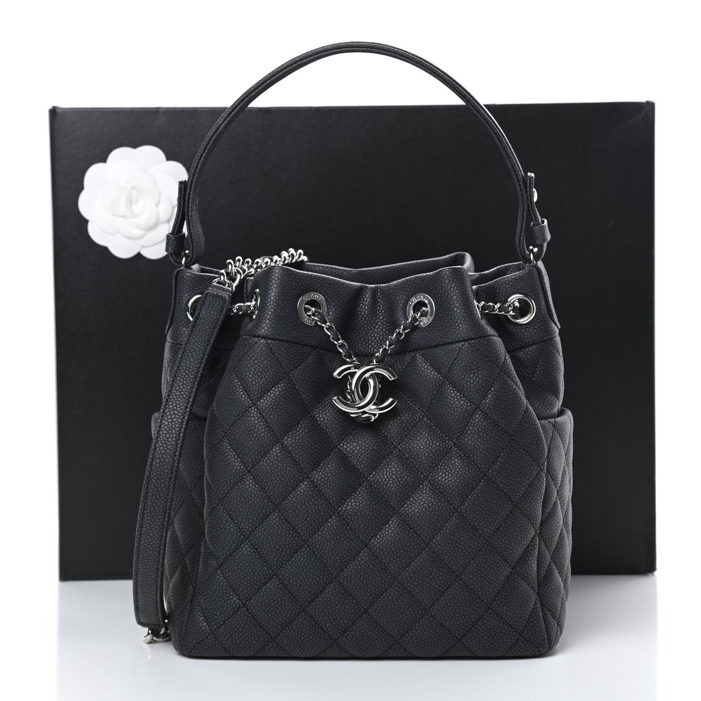 Caviar Flat Quilted CC Chain Bucket Drawstring Bag Black