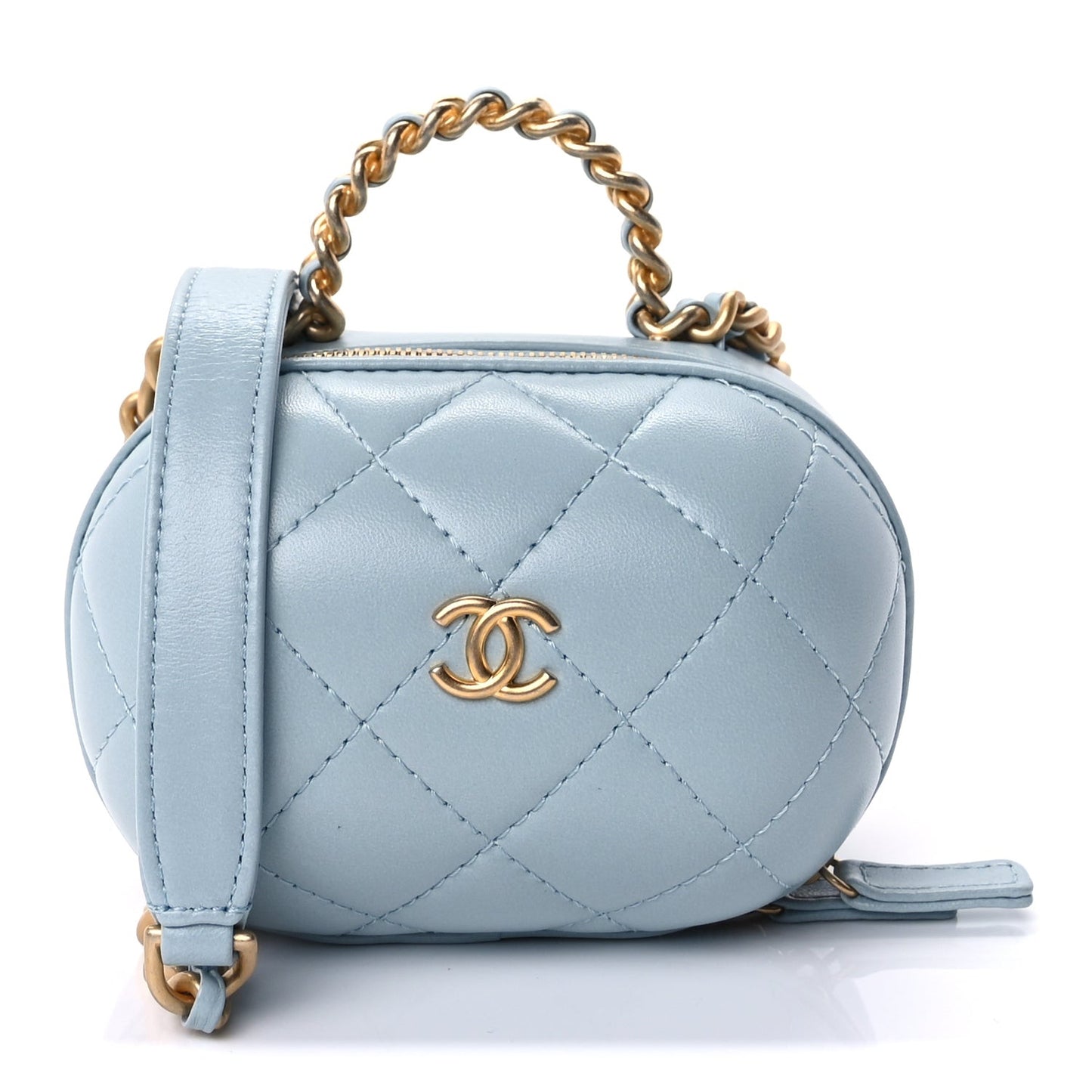 Lambskin Quilted CC Bubble Vanity Case With Chain Light Blue