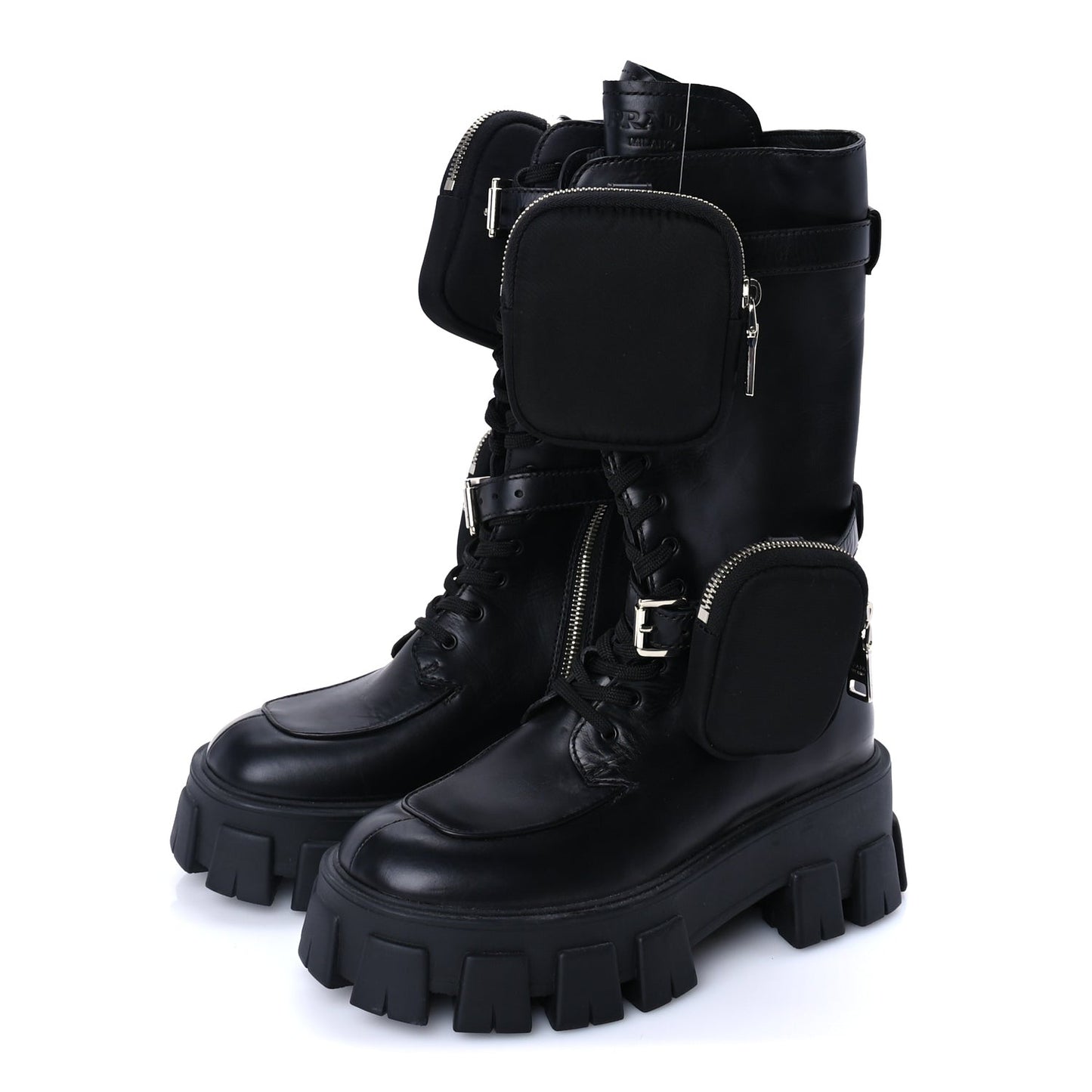 Vitello Lux Nylon Metal Triangle Logo Monolith Pouch Pocket 55mm Tall Combat Boots 37 Black