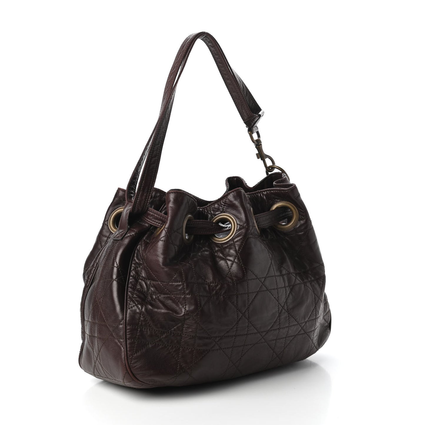 Lambskin Cannage Drawstring Bag Dark Brown