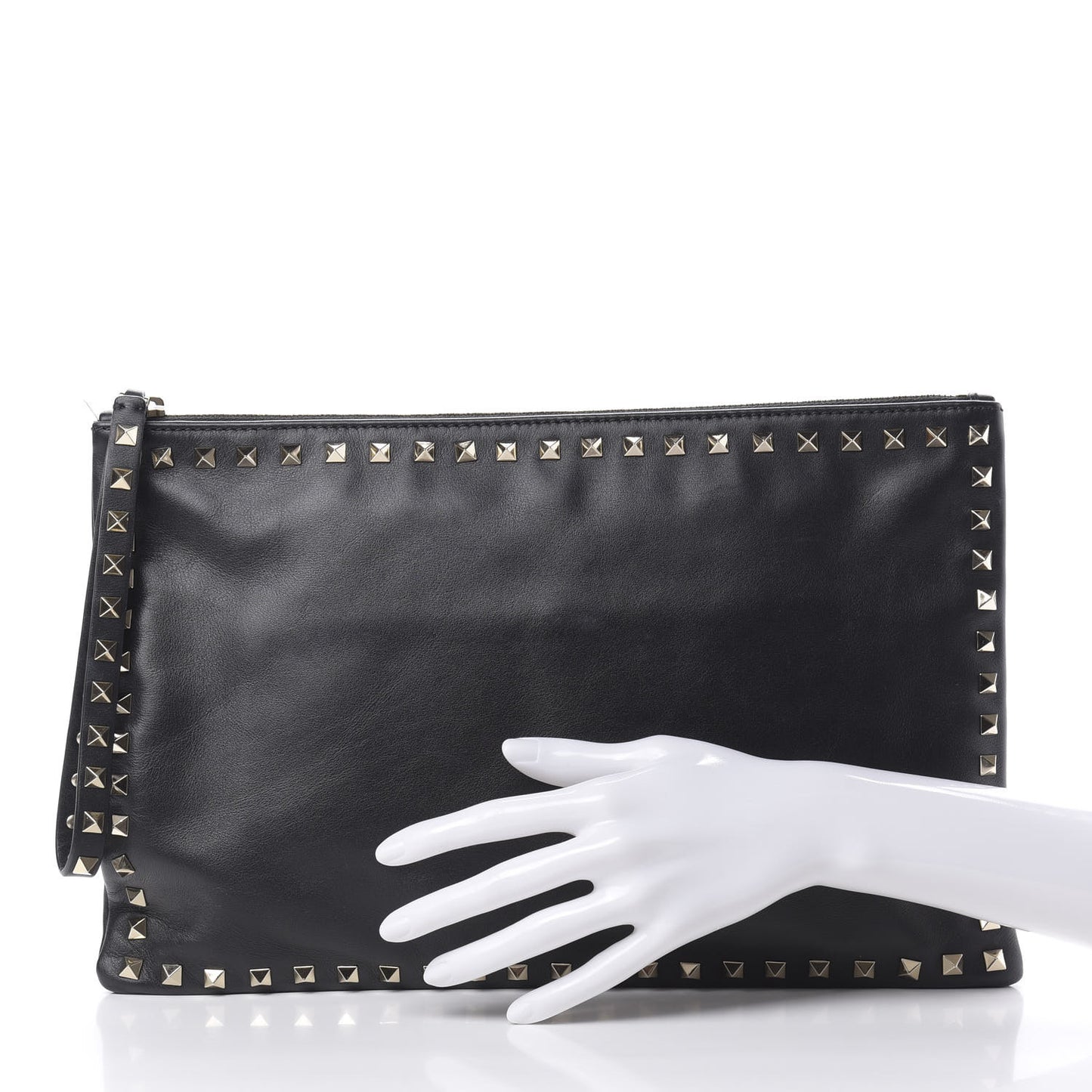 Vitello Large Rockstud Zip Wristlet Pouch Black