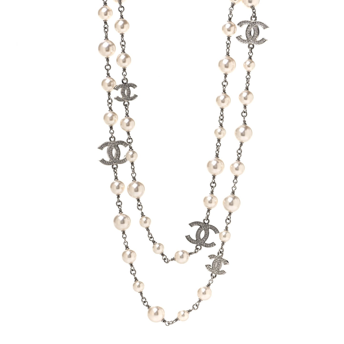 Graduated Pearl Crystal CC Long Necklace Silver