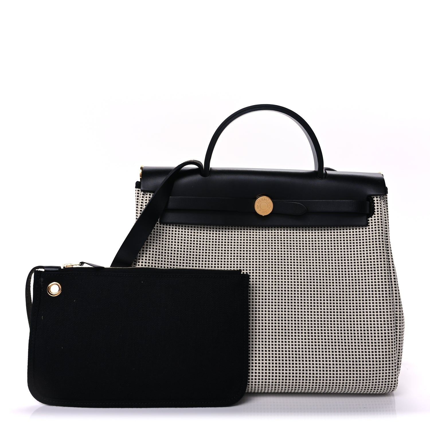 Hermes Vache Hunter Toile Quadrille Viking Herbag Zip Retourne 31 PM Ecru Black 2 of 7