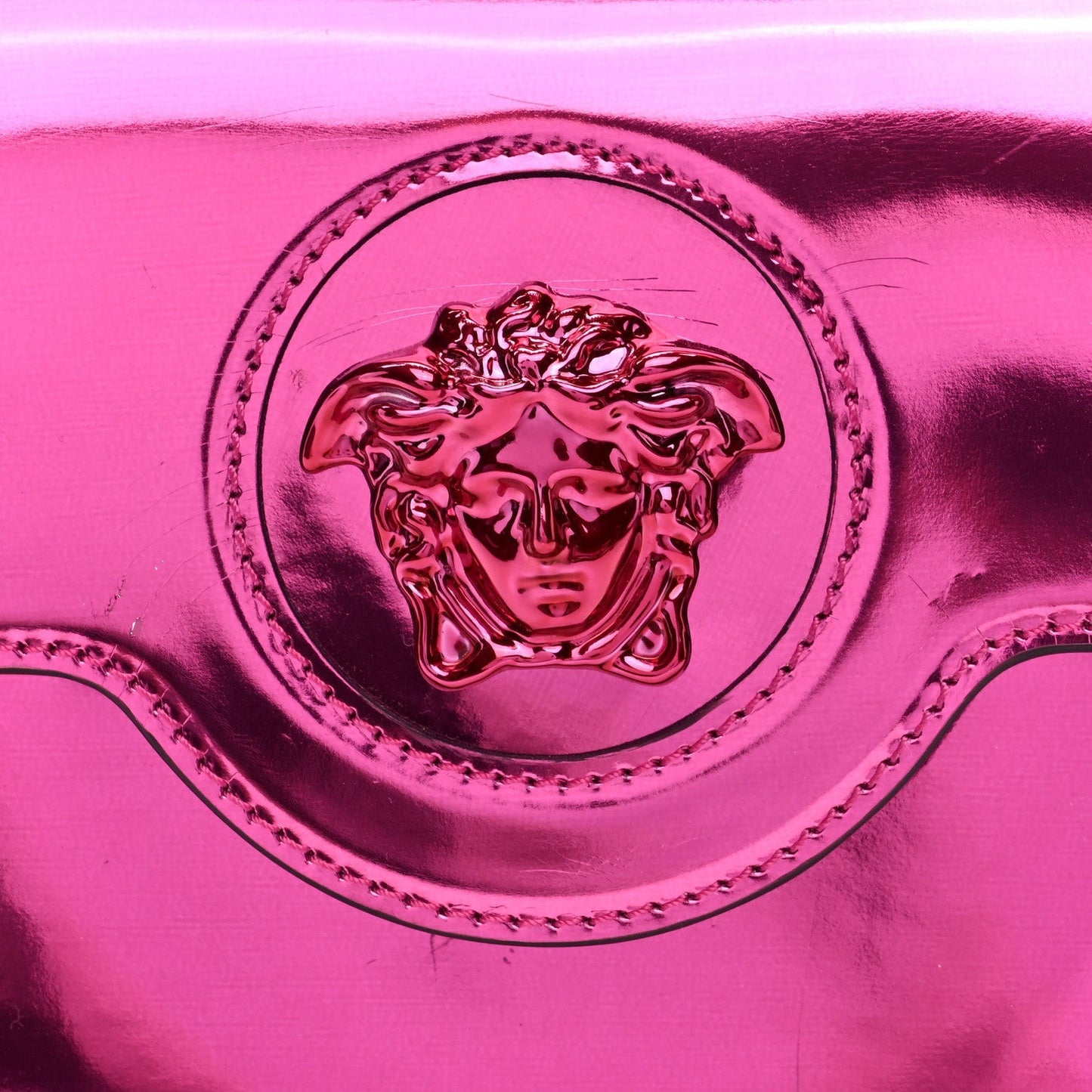 Patent Calfskin Mini La Medusa Chain Top Handle Bag Fuchsia