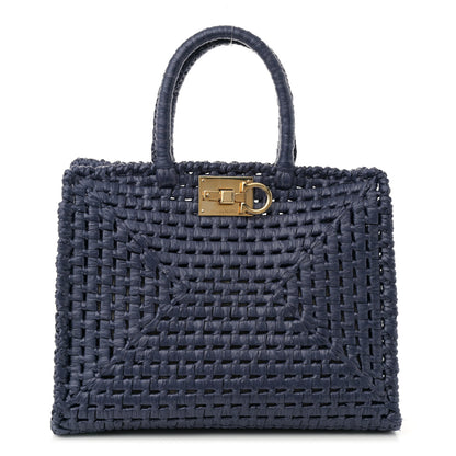 Salvatore Ferragamo Raffia Medium The Studio Box Bag Midnight 1 of 12