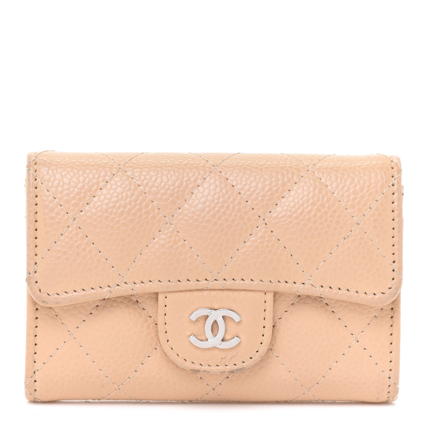 Caviar Quilted Flap Card Holder Wallet Beige
