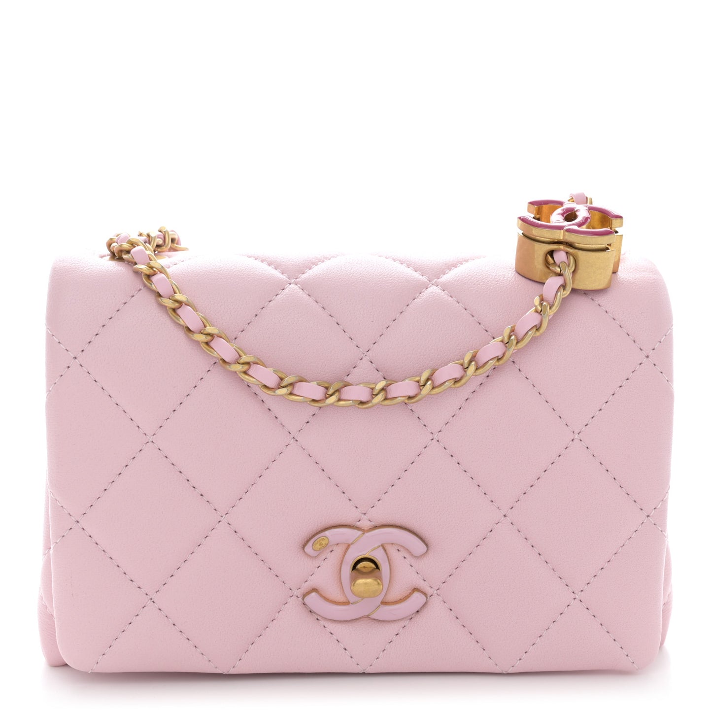 Shiny Lambskin Quilted Enamel CC Mini Flap Light Pink