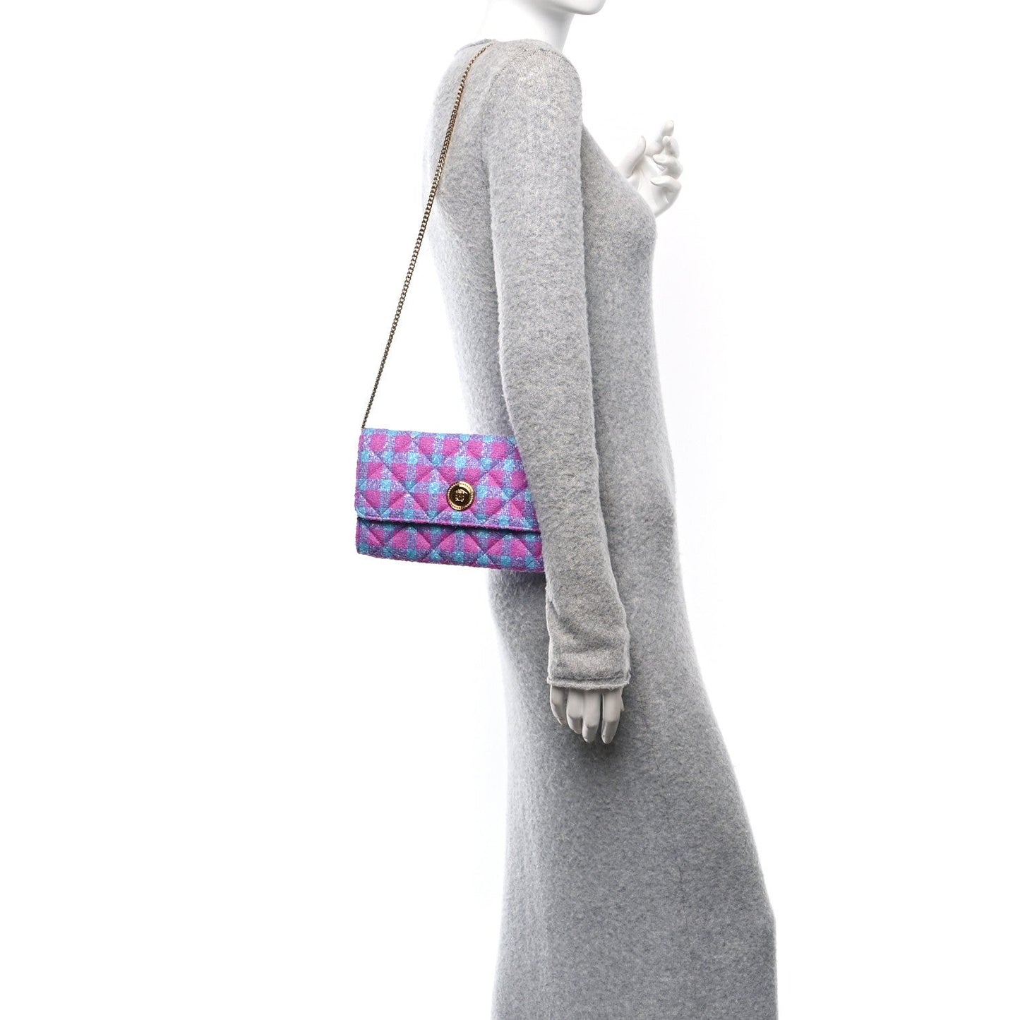 Tweed Quilted Medusa Wallet on Chain Crossbody Pink Blue