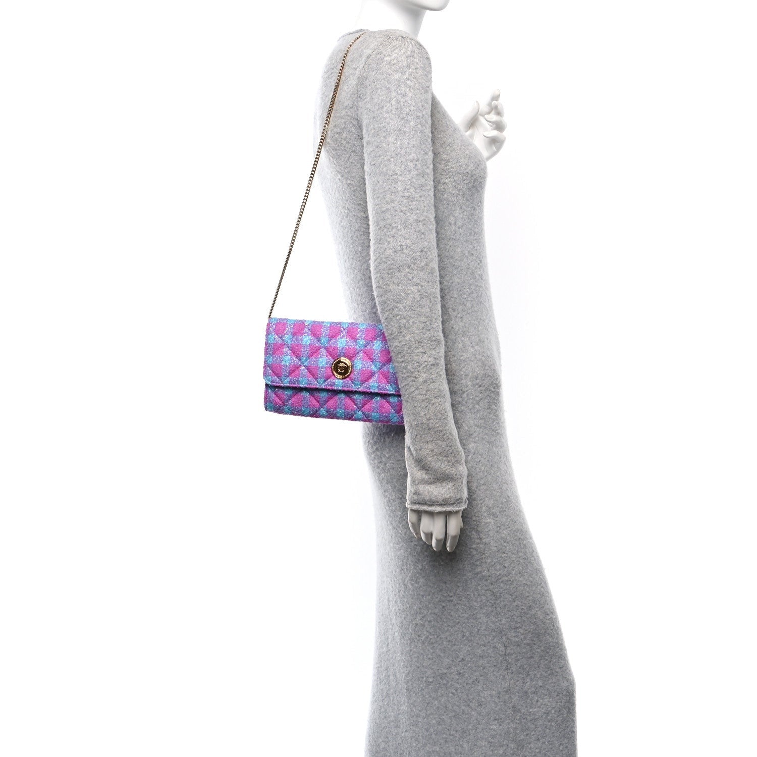 Versace Tweed Quilted Medusa Wallet on Chain Crossbody Pink Blue 2 of 7
