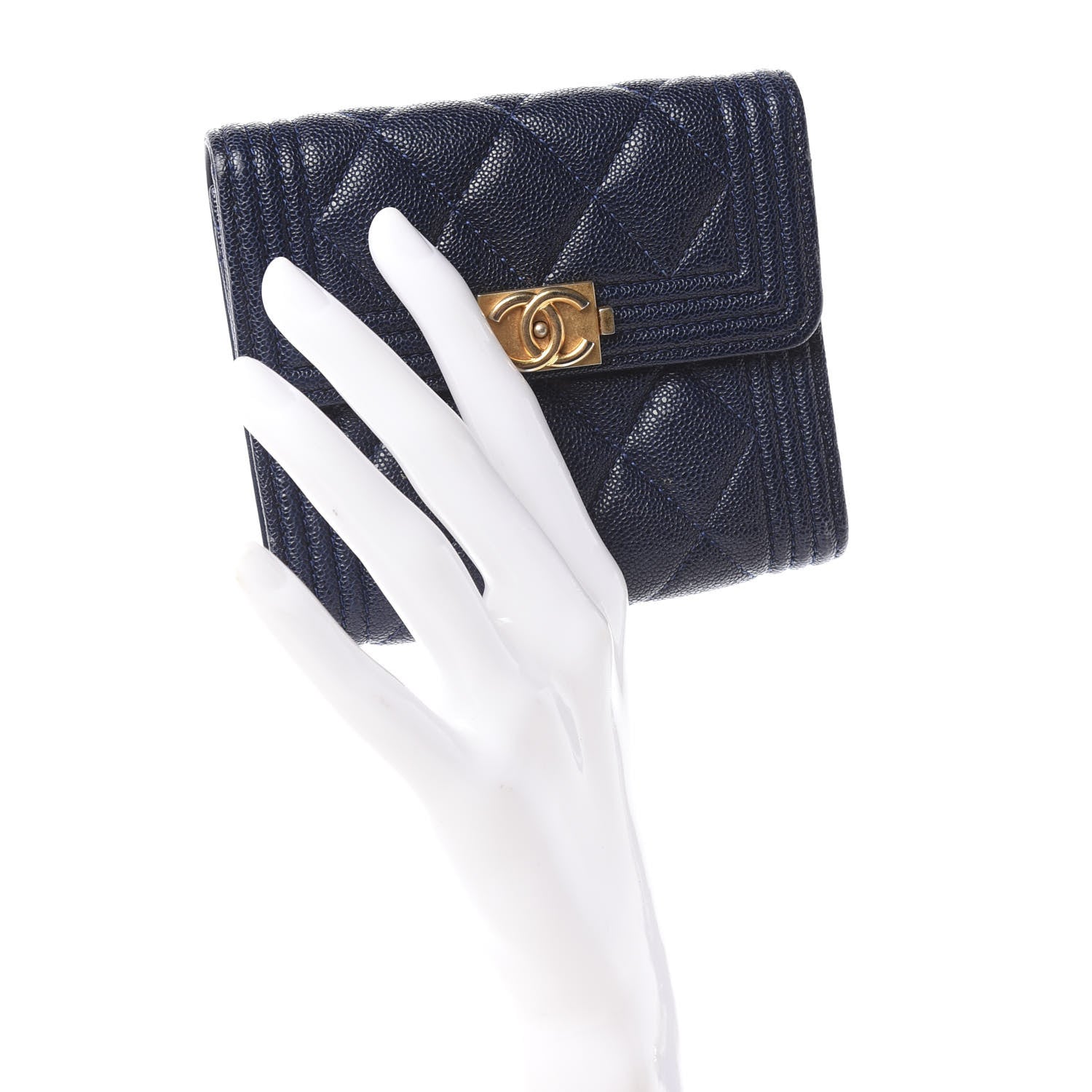 Chanel Caviar Quilted Compact Boy Wallet Blue 2 of 9