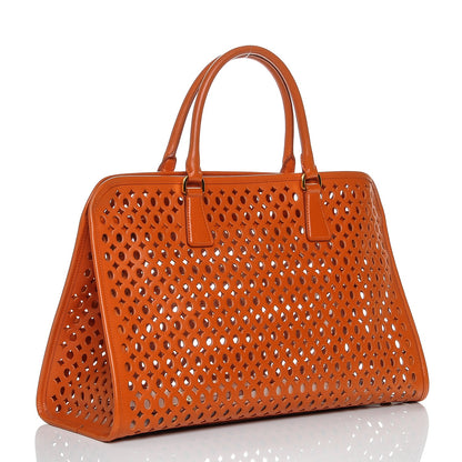 Prada Saffiano Perforated Tote Papaya 3 of 7