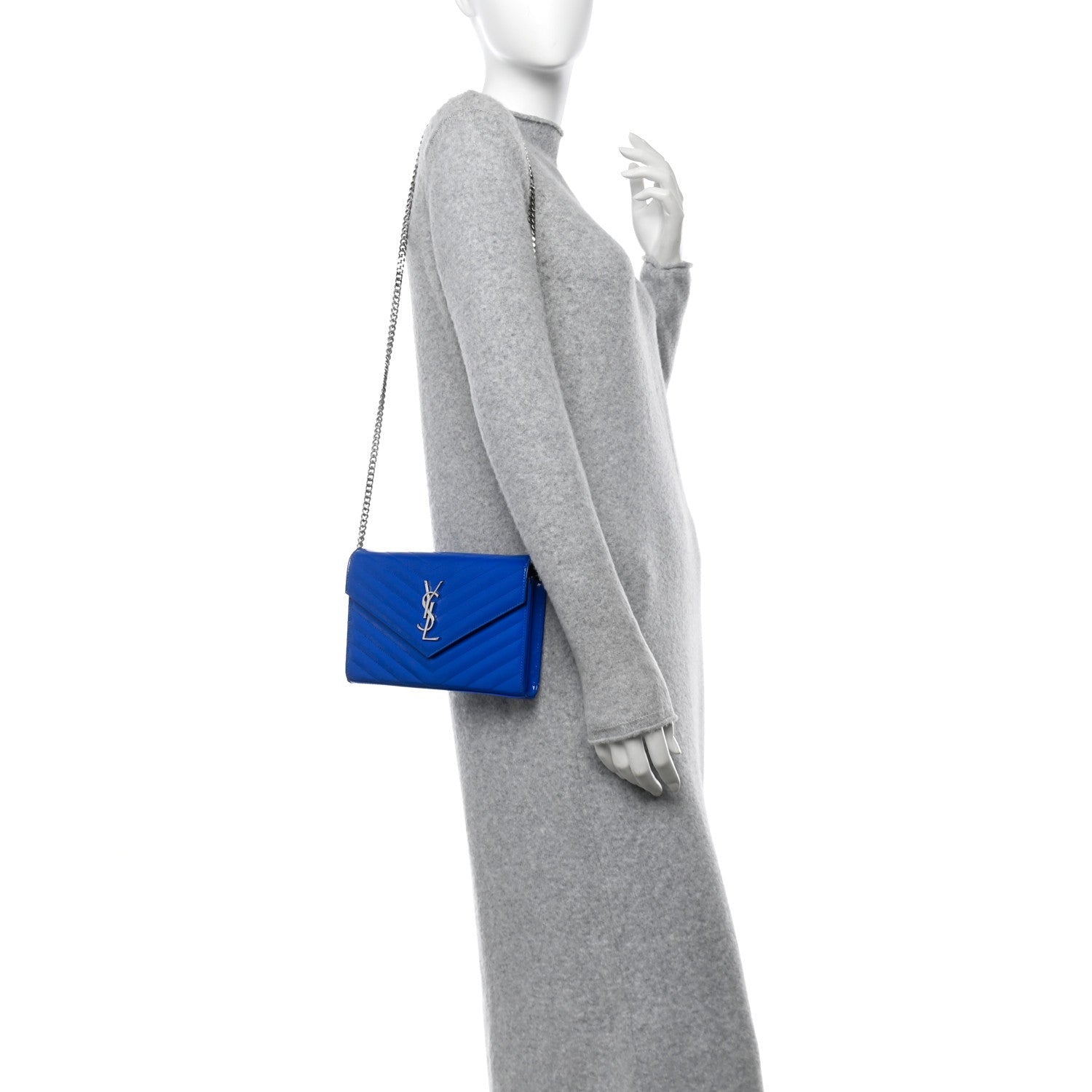 Saint Laurent Patent Grain De Poudre Matelasse Chevron Monogram Chain Wallet Blue Majorelle 2 of 7