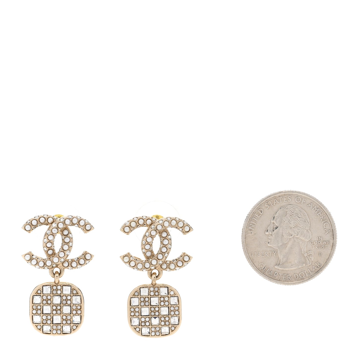 Pearl Baguette Crystal CC Drop Earrings Gold