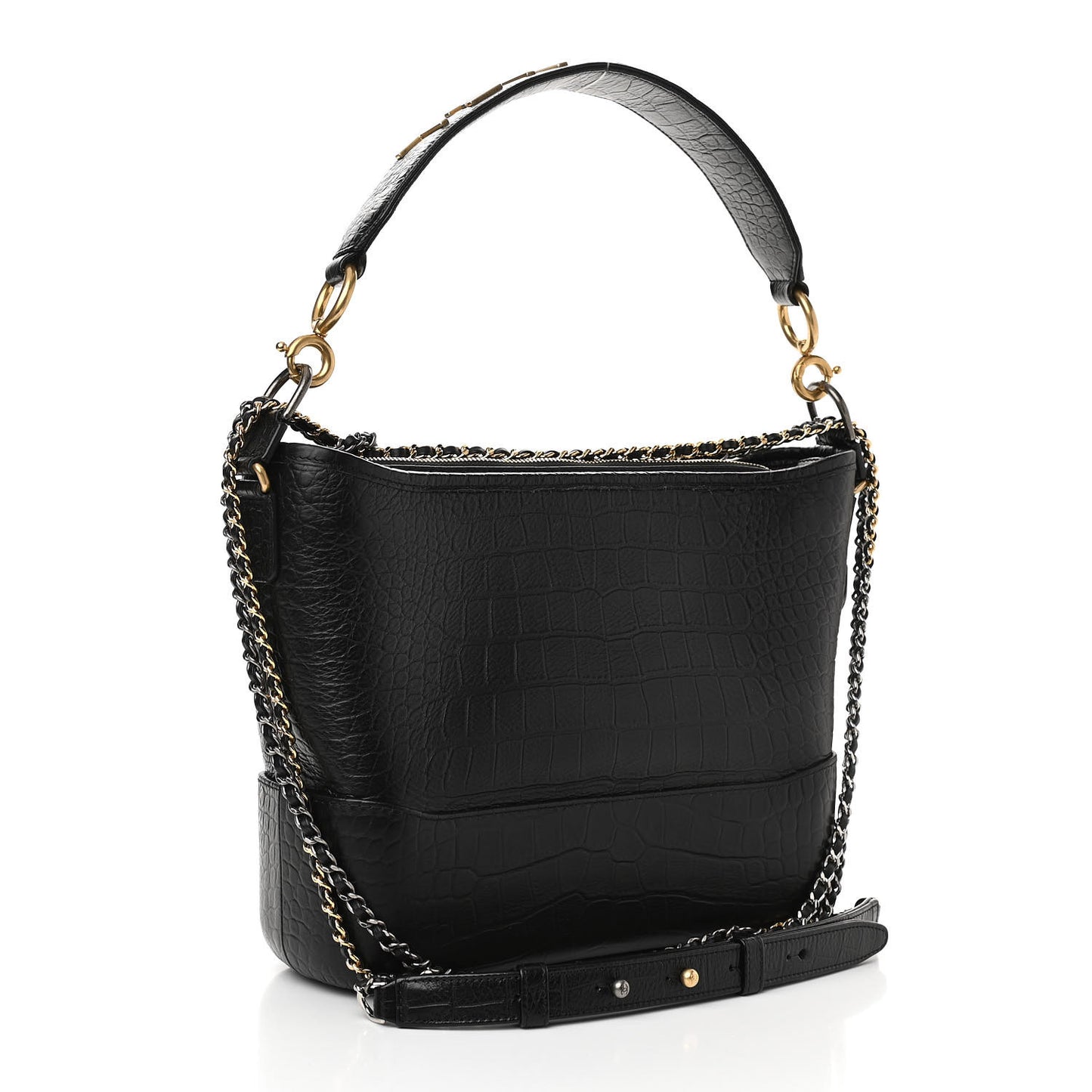 Crocodile Embossed Calfskin Medium Gabrielle Cocodile Hobo Black