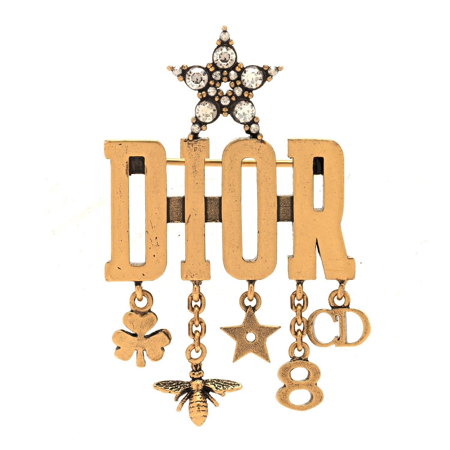 Christian Dior Metal Crystal Dio(r)evolution Logo Brooch Antique Gold 1 of 4