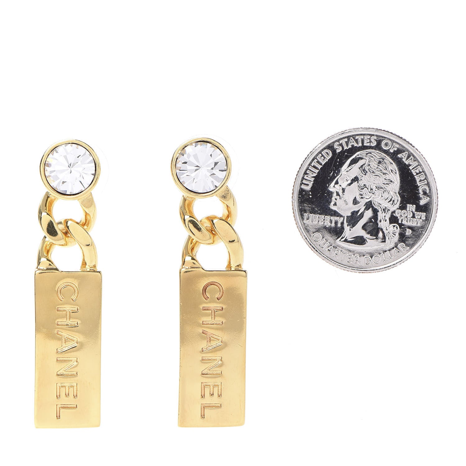 Chanel Crystal Tag Drop Earrings Gold 2 of 5