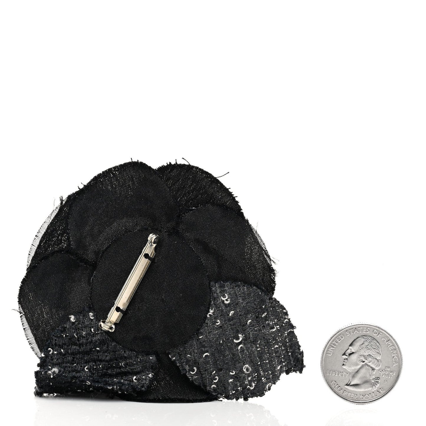 Tweed Fabric Camellia Pin Brooch Black