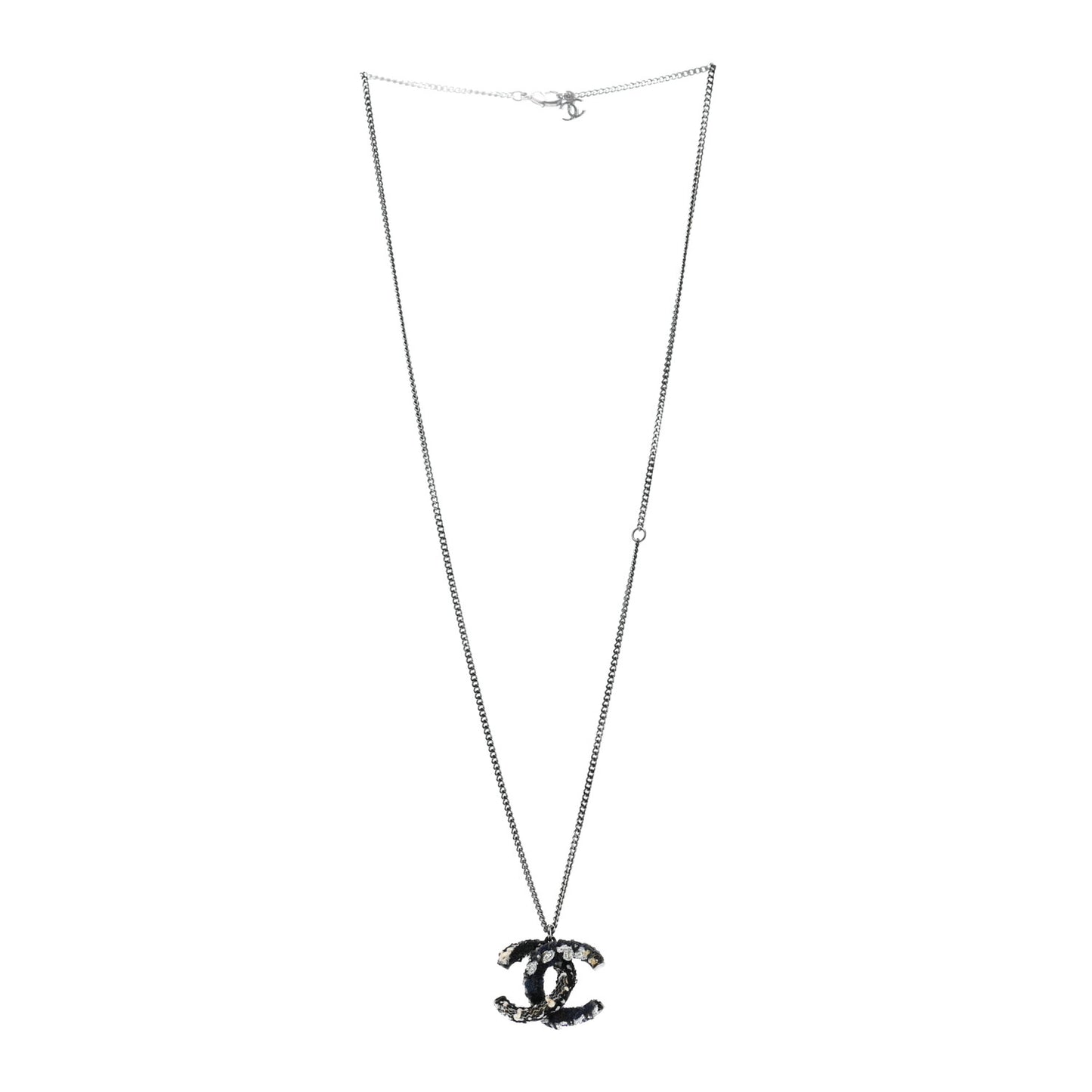 Tweed Ruthenium CC Pendant Necklace Black Silver
