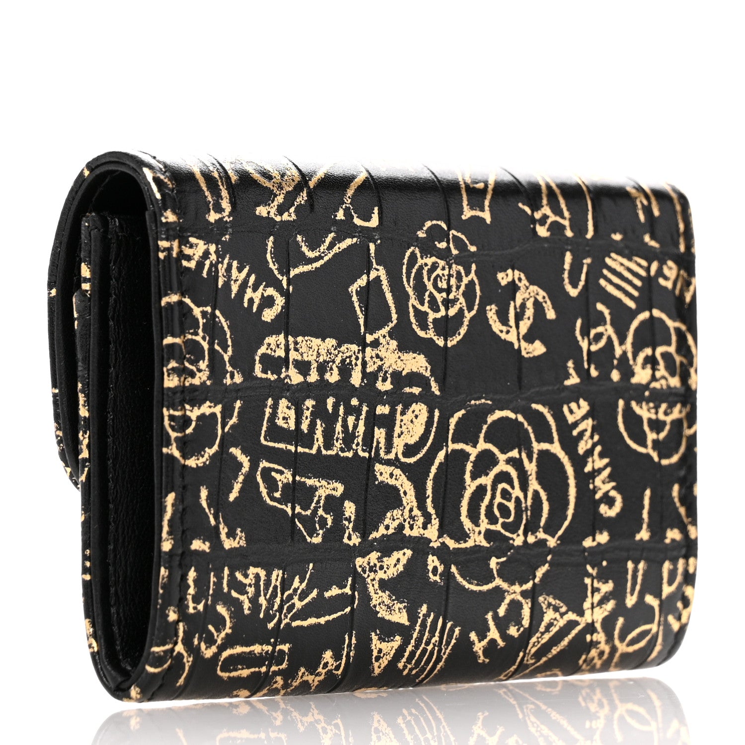 Chanel Calfskin Crocodile Embossed Graffiti 2.55 Crocodile Reissue Flap Card Holder Black Gold 3 of 9