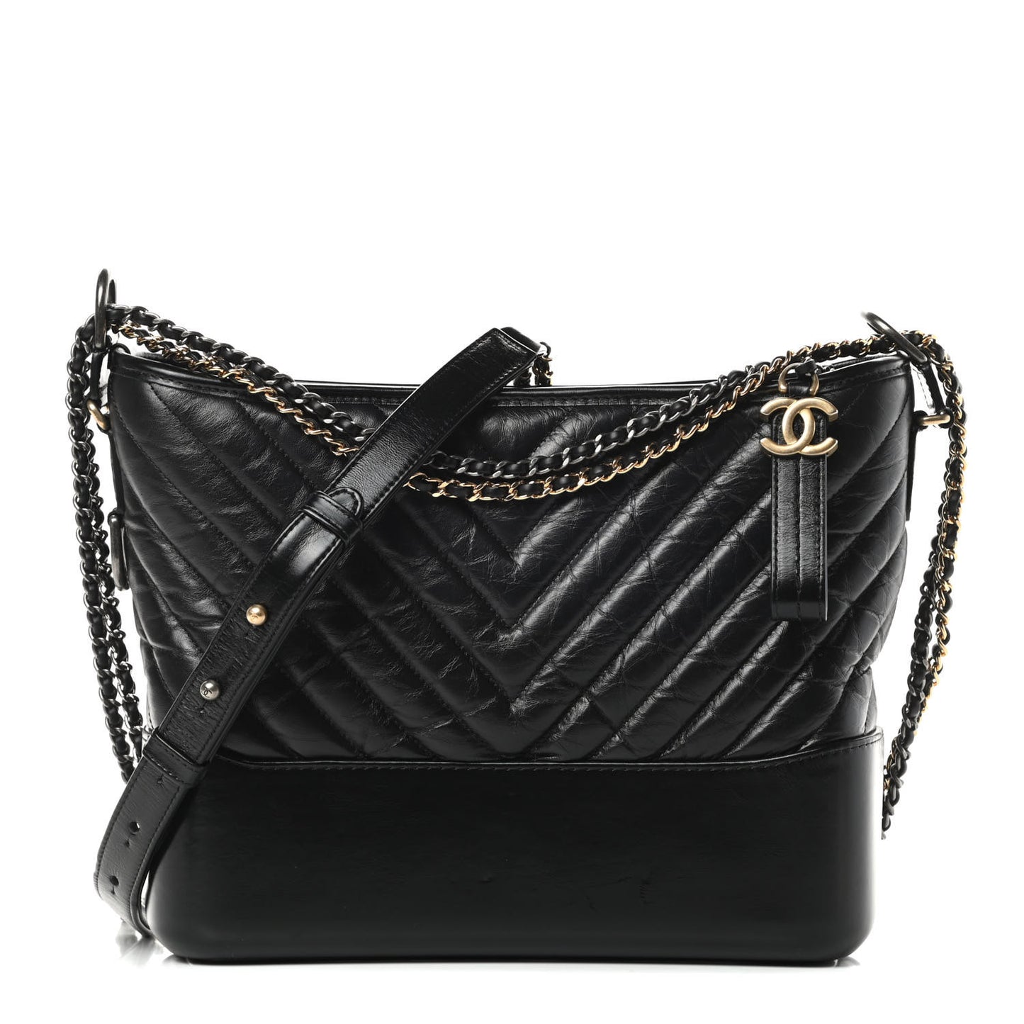 Aged Calfskin Chevron Quilted Medium Gabrielle Hobo Black