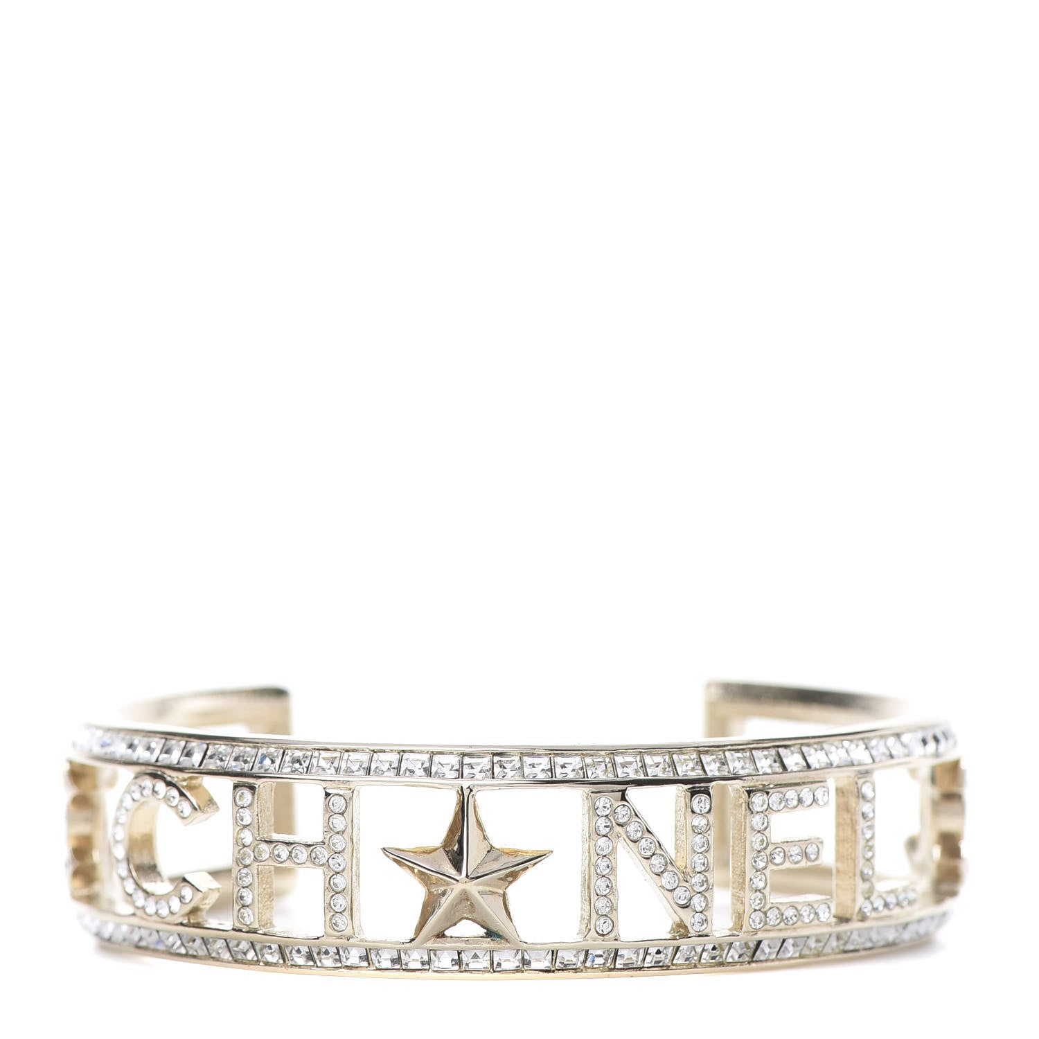 Chanel Crystal Baguette Logo Cuff Bracelet Gold 1 of 5