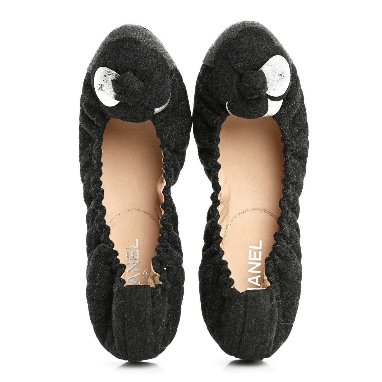 Tweed Quilted Camellia Cap Toe Ballerina Flats 40 Grey
