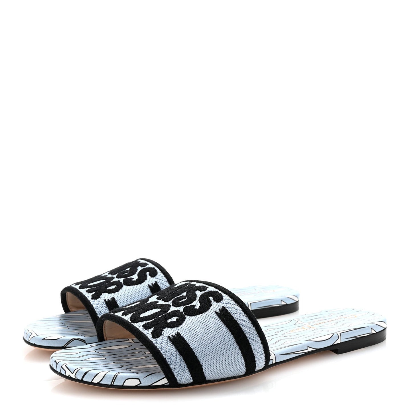 Canvas Miss Dior Embroidered Dway Flat Slide Sandals 37.5 Azure Pale