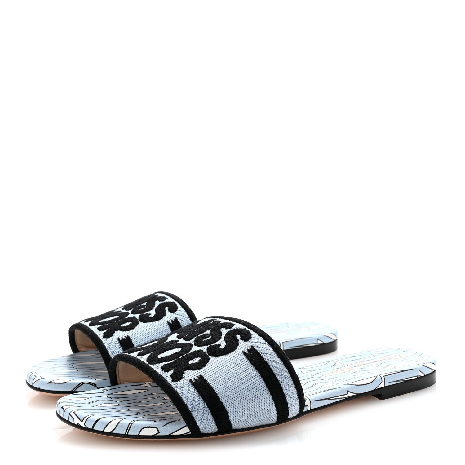 Christian Dior Canvas Miss Dior Embroidered Dway Flat Slide Sandals 37.5 Azure Pale 4 of 7