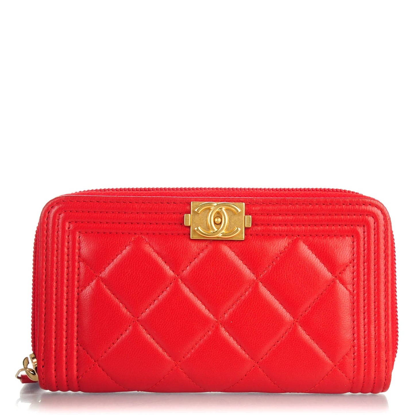 Lambskin Quilted Small Boy Zip Around Wallet Red