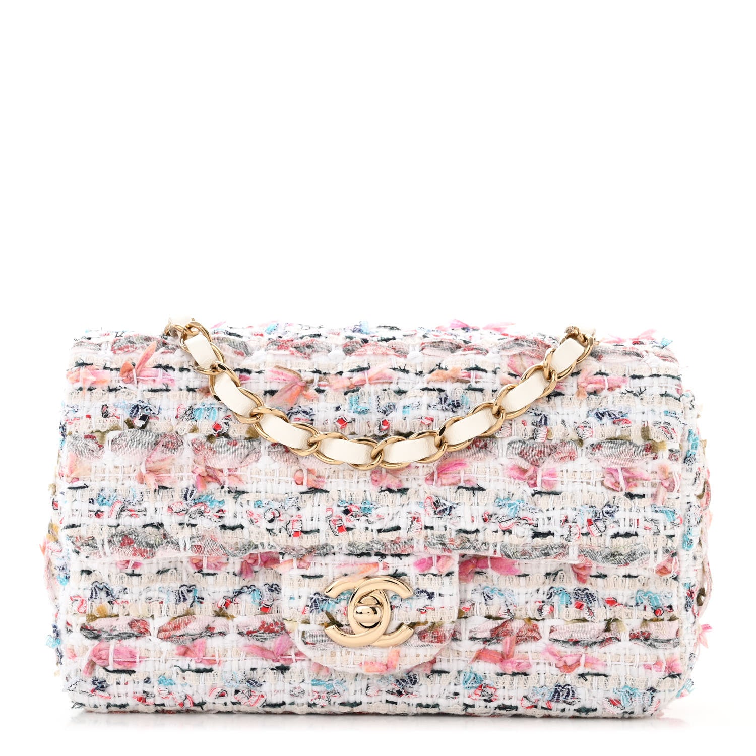 Chanel Tweed Quilted Mini Rectangular Flap Ecru Pink Blue Green 1 of 11