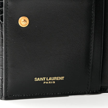 Saint Laurent Shiny Calfskin Crocodile Embossed Monogram Uptown Compact Wallet Black 6 of 7