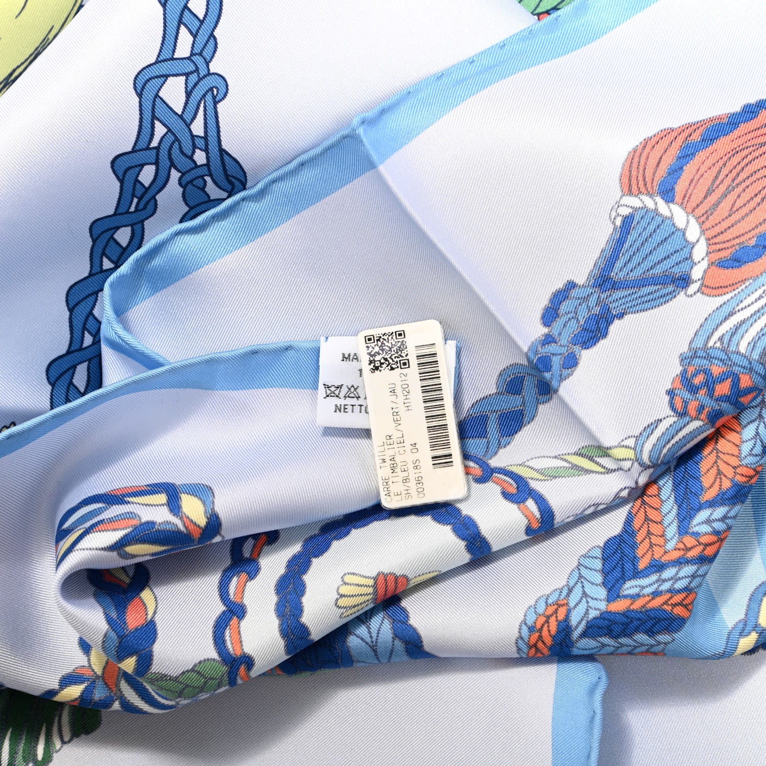 Hermes Silk Le Timbalier Scarf 90 Bleu Ciel Vert Jaune 3 of 3