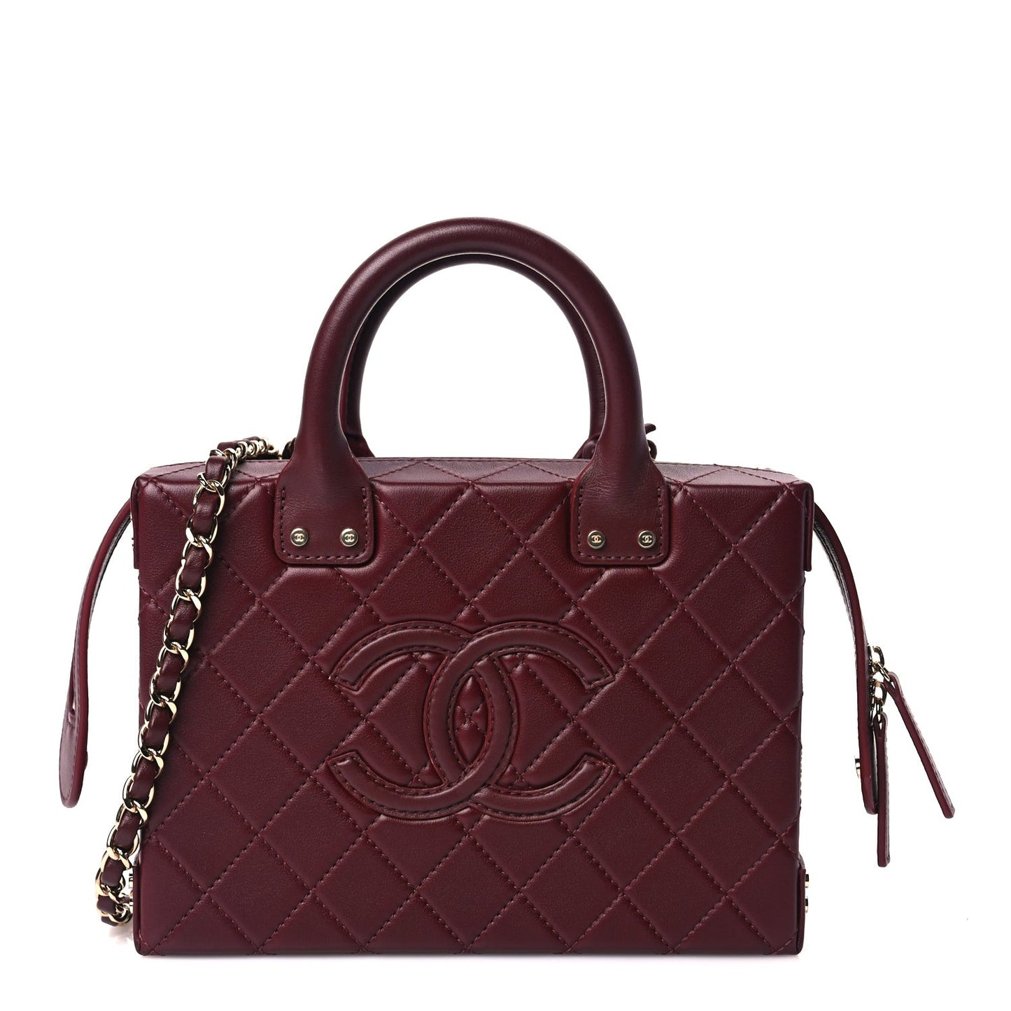Calfskin Quilted Studded Square Vanity Case Burgundy