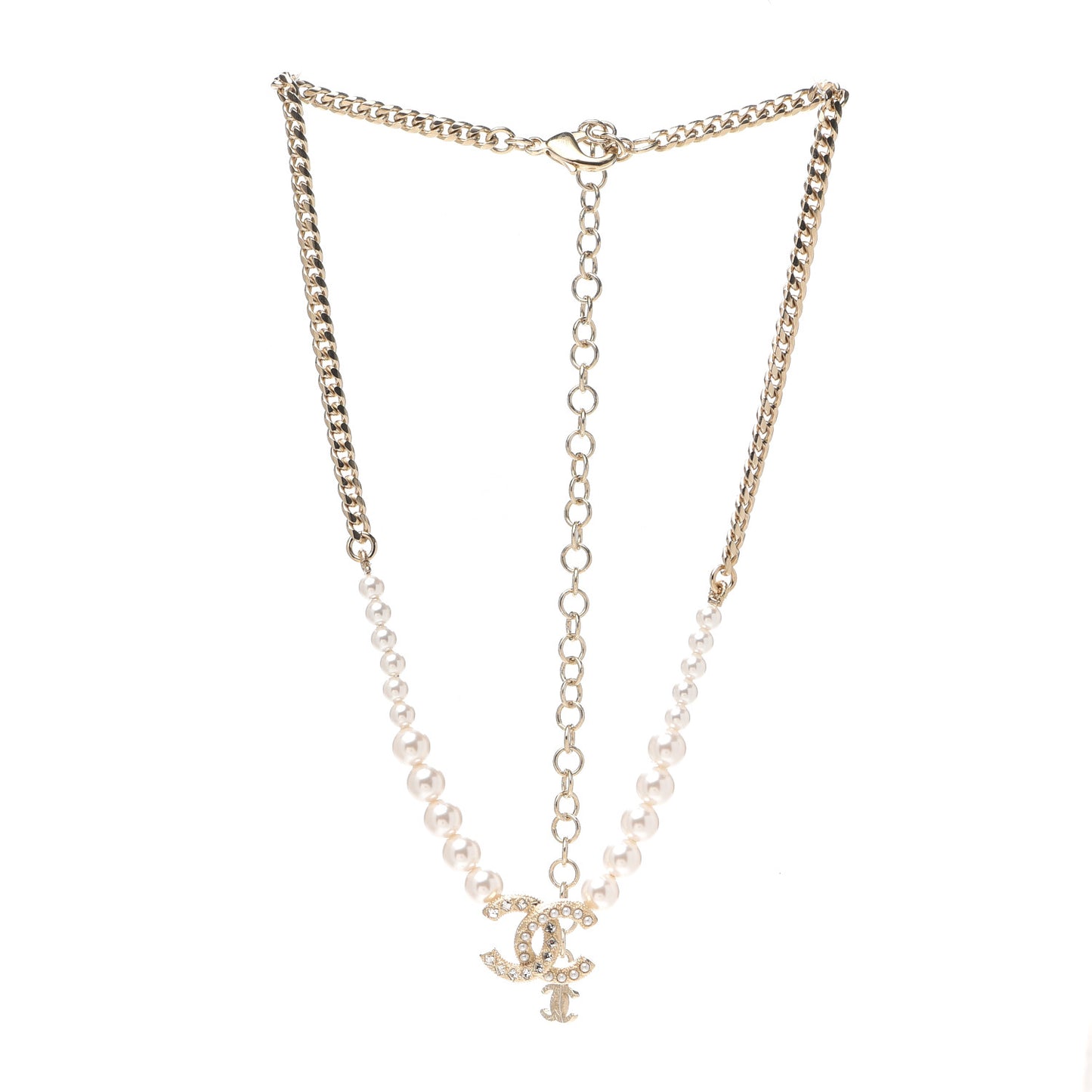 Pearl Crystal Chain CC Necklace Gold