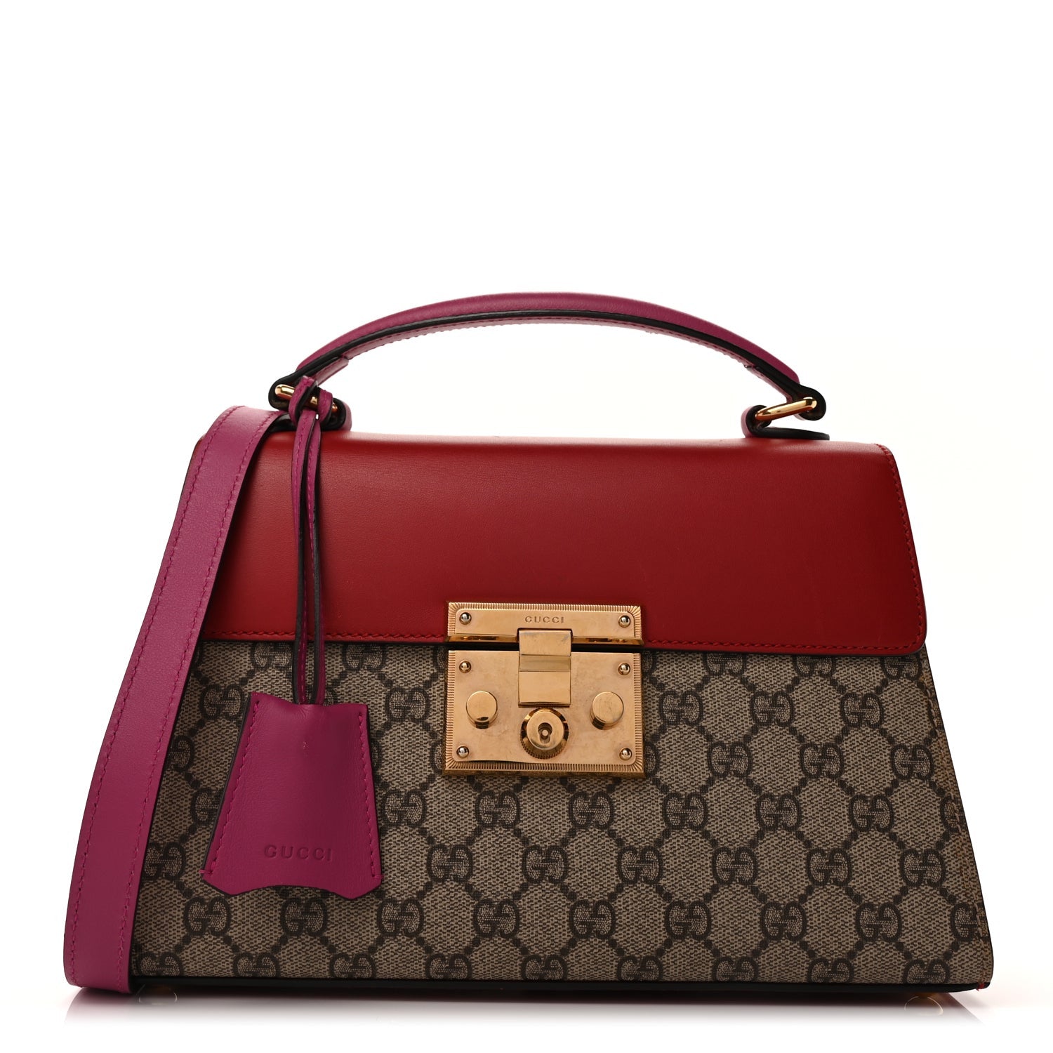Gucci GG Supreme Monogram Calfskin Small Padlock Top Handle Bag  Hibiscus Red New Rosette 1 of 8