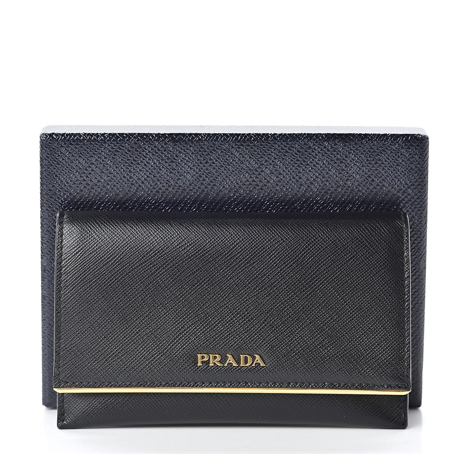 Saffiano Metal Bar Flap Wallet Black