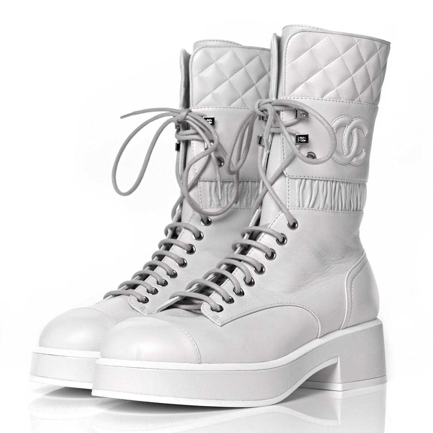 Lambskin Quilted Lace Up Combat Boots 38 White